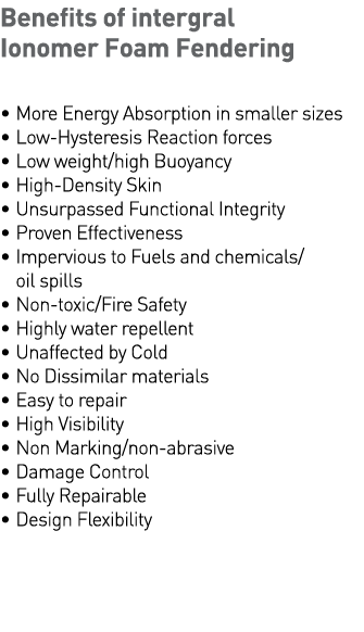 Benefits of intergral Ionomer Foam Fendering   More Energy Absorption in smaller sizes   Low-Hysteresis Reaction forc   