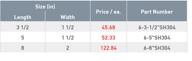 Size (in),Price   ea ,Part Number,Length,Width,3 1 2,1 1 2,45 68,6-3-1 2  SH304,5,1 1 2,52 33,6-5  SH304,8,2,122 84,6   
