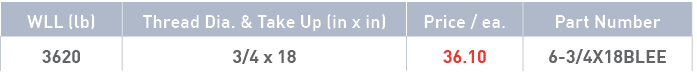 WLL (lb),Thread Dia  & Take Up (in x in),Price   ea ,Part Number,3620,3 4 x 18,36 10,6-3 4X18BLEE