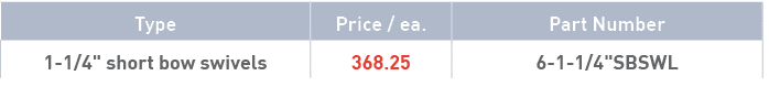Type,Price   ea ,Part Number,1-1 4   short bow swivels,368 25,6-1-1 4  SBSWL
