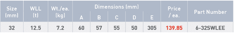 Size (mm),WLL (t),Wt  ea  (kg),Dimensions (mm),Price   ea ,Part Number,A,B,C,D,E,32,12 5,7 2,60,57,55,50,305,139 85,6   