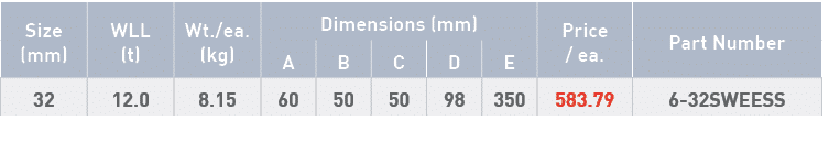 Size (mm),WLL (t),Wt  ea  (kg),Dimensions (mm),Price   ea ,Part Number,A,B,C,D,E,32,12 0,8 15,60,50,50,98,350,583 79,   