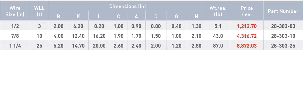 Wire Size (in),WLL (t),Dimensions (in),Wt  ea  (lb),Price   ea ,Part Number,B,K,L,C,A,D,G,H,1 2,3,2 00,6 20,8 20,1 00   