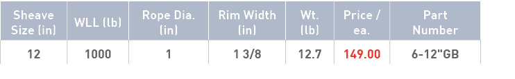 Sheave Size (in),WLL (lb),Rope Dia  (in),Rim Width (in),Wt  (lb),Price   ea ,Part Number,12,1000,1,1 3 8,12 7,149 00,   