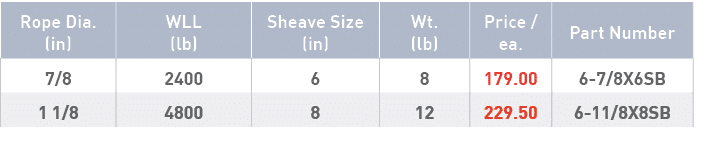Rope Dia  (in),WLL (lb),Sheave Size (in),Wt  (lb),Price   ea ,Part Number,7 8,2400,6,8,179 00,6-7 8X6SB,1 1 8,4800,8,   