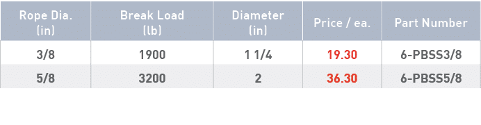Rope Dia  (in),Break Load (lb),Diameter (in),Price   ea ,Part Number,3 8,1900,1 1 4,19 30,6-PBSS3 8,5 8,3200,2,36 30,   
