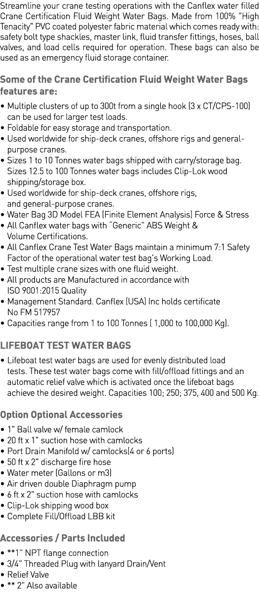 Streamline your crane testing operations with the Canflex water filled Crane Certification Fluid Weight Water Bags  M   