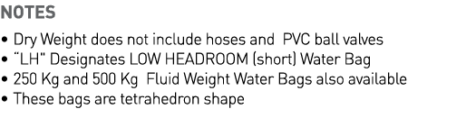 NOTES   Dry Weight does not include hoses and PVC ball valves    LH   Designates LOW HEADROOM (short) Water Bag         