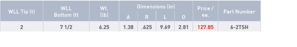 WLL Tip (t),WLL Bottom (t),Wt  (lb),Dimensions (in),Price   ea ,Part Number,A,R,L,O,2,7 1 2,6 25,1 38, 625,9 69,2 81,   