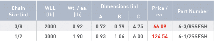 Chain Size (in),WLL (lb),Wt    ea  (lb),Dimensions (in),Price   ea ,Part Number,A,B,C,3 8,2000,0 92,0 72,0 79,4 75,66   