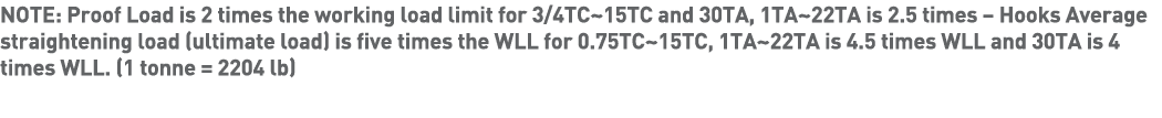 NOTE: Proof Load is 2 times the working load limit for 3 4TC 15TC and 30TA, 1TA 22TA is 2 5 times   Hooks Average str   