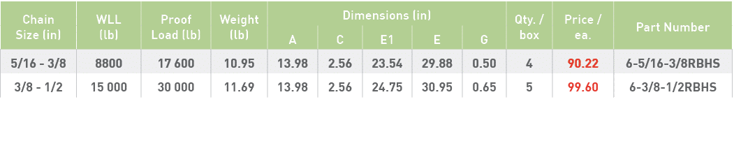 Chain Size (in),WLL (lb),Proof Load (lb),Weight (lb),Dimensions (in),Qty    box,Price   ea ,Part Number,A,C,E1,E,G,5    
