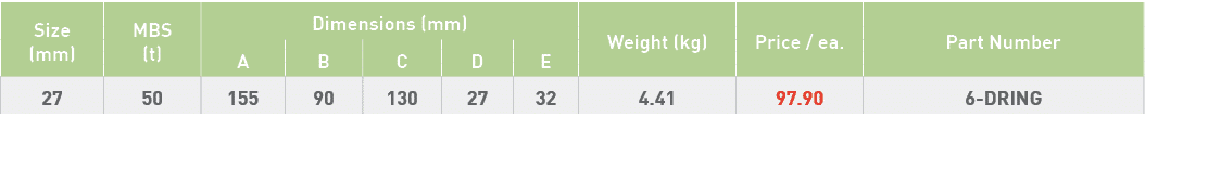 Size (mm),MBS (t),Dimensions (mm),Weight (kg),Price   ea ,Part Number,A,B,C,D,E,27,50,155,90,130,27,32,4 41,97 90,6-D   