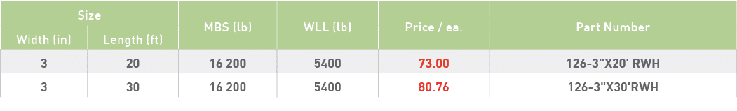 Size,MBS (lb),WLL (lb),Price   ea ,Part Number,Width (in),Length (ft),3,20,16 200,5400,73 00,126-3  X20' RWH,3,30,16    