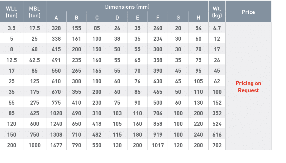 WLL (ton),MBL (ton),Dimensions (mm),Wt  (kg),Price,A,B,C,D,E,F,G,H,3 5,17 5,328,155,85,26,35,240,20,54,6 7,Pricing on   