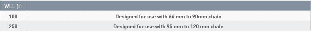 WLL (t),,100,Designed for use with 64 mm to 90mm chain,250,Designed for use with 95 mm to 120 mm chain