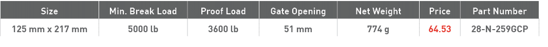 Size,Min  Break Load,Proof Load,Gate Opening,Net Weight,Price,Part Number,125 mm x 217 mm,5000 lb,3600 lb,51 mm,774 g   