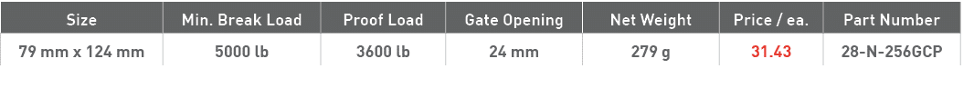 Size,Min  Break Load,Proof Load,Gate Opening,Net Weight,Price   ea ,Part Number,79 mm x 124 mm,5000 lb,3600 lb,24 mm,   