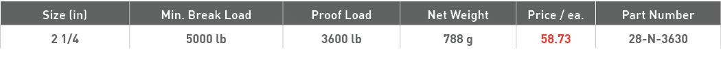 Size (in),Min  Break Load,Proof Load,Net Weight,Price   ea ,Part Number,2 1 4,5000 lb,3600 lb,788 g,58 73,28-N-3630