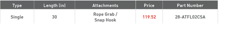 Type,Length (in),Attachments,Price,Part Number,Single,30,Rope Grab   Snap Hook,119 52,28-ATFL02CSA