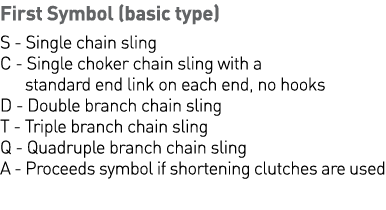 First Symbol (basic type) S - Single chain sling C - Single choker chain sling with a    standard end link on each en   