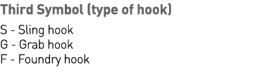 Third Symbol (type of hook) S - Sling hook G - Grab hook F - Foundry hook