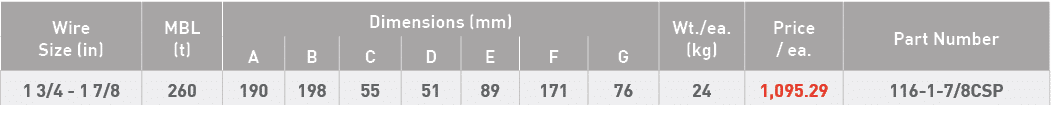Wire Size (in),MBL (t),Dimensions (mm),Wt  ea  (kg),Price   ea ,Part Number,A,B,C,D,E,F,G,1 3 4 - 1 7 8,260,190,198,5   