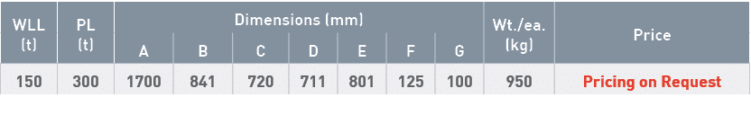 WLL (t),PL (t),Dimensions (mm),Wt  ea  (kg),Price,A,B,C,D,E,F,G,150,300,1700,841,720,711,801,125,100,950,Pricing on R   