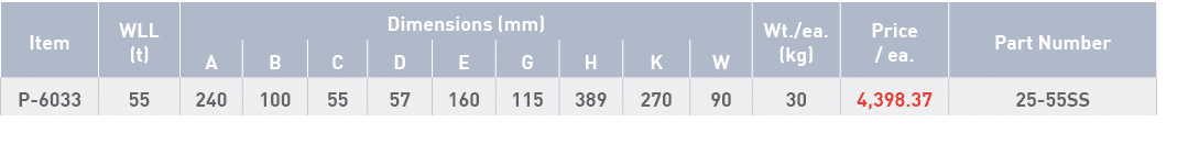 Item,WLL (t),Dimensions (mm),Wt  ea  (kg),Price   ea ,Part Number,A,B,C,D,E,G,H,K,W,P-6033,55,240,100,55,57,160,115,3   