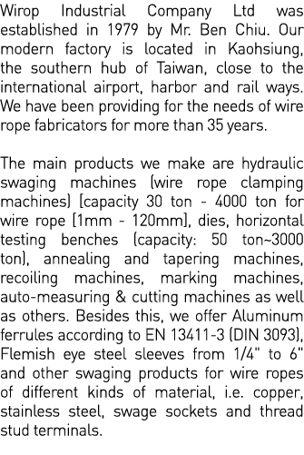 Wirop Industrial Company Ltd was established in 1979 by Mr  Ben Chiu  Our modern factory is located in Kaohsiung, the   