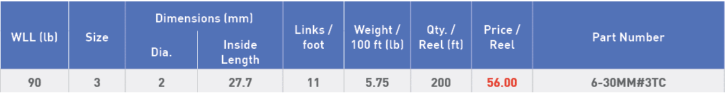 WLL (lb),Size,Dimensions (mm),Links   foot,Weight   100 ft (lb),Qty    Reel (ft),Price   Reel,Part Number,Dia ,Inside   