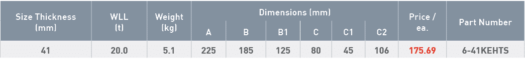 Size Thickness (mm),WLL (t),Weight (kg),Dimensions (mm),Price   ea ,Part Number,A,B,B1,C,C1,C2,41,20 0,5 1,225,185,12   