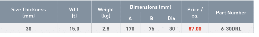 Size Thickness (mm),WLL (t),Weight (kg),Dimensions (mm),Price   ea ,Part Number,A,B,Dia ,30,15 0,2 8,170,75,30,87 00,   