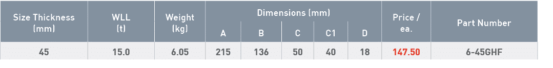 Size Thickness (mm),WLL (t),Weight (kg),Dimensions (mm),Price   ea ,Part Number,A,B,C,C1,D,45,15 0,6 05,215,136,50,40   