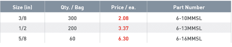 Size (in),Qty    Bag,Price   ea ,Part Number,3 8,300,2 08,6-10MMSL,1 2,200,3 37,6-13MMSL,5 8,60,6 30,6-16MMSL