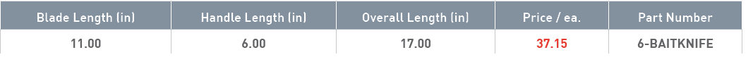 Blade Length (in),Handle Length (in),Overall Length (in),Price   ea ,Part Number,11 00,6 00,17 00,37 15,6-BAITKNIFE