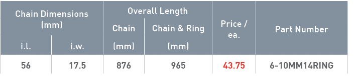 Chain Dimensions (mm),Overall Length,Price   ea ,Part Number,Chain,Chain & Ring,i l ,i w ,(mm),(mm),56,17 5,876,965,4   