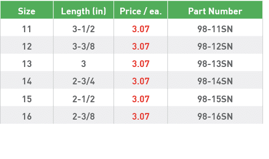 Size,Length (in),Price   ea ,Part Number,11,3-1 2,3 07,98-11SN,12,3-3 8,3 07,98-12SN,13,3,3 07,98-13SN,14,2-3 4,3 07,   