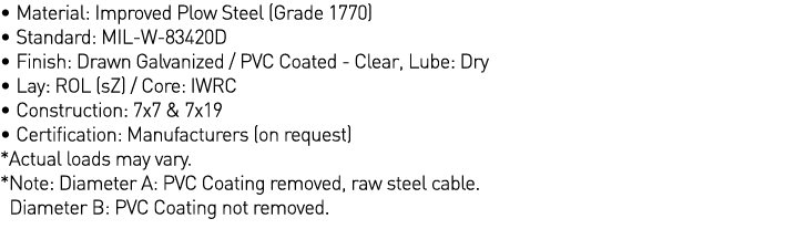   Material: Improved Plow Steel (Grade 1770)   Standard: MIL-W-83420D   Finish: Drawn Galvanized   PVC Coated - Clear   