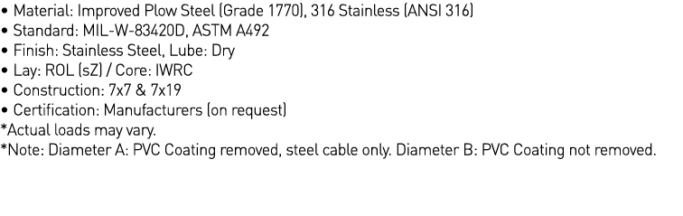   Material: Improved Plow Steel (Grade 1770), 316 Stainless (ANSI 316)   Standard: MIL-W-83420D, ASTM A492   Finish:    