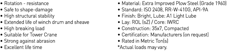   Rotation - resistance   Safe to shape-damage   High structural stability   Extended life of winch drum and sheave     
