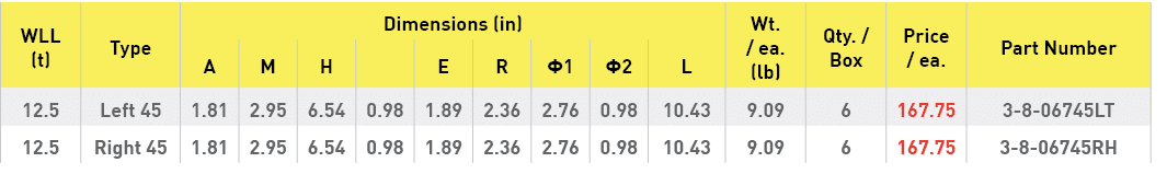 WLL (t),Type,Dimensions (in),Wt    ea  (lb),Qty    Box,Price   ea ,Part Number,A,M,H,,E,R, 1, 2,L,12 5,Left 45,1 81,2   
