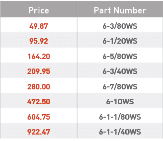 Price,Part Number,49 87,6-3 8OWS,95 92,6-1 2OWS,164 20,6-5 8OWS,209 95,6-3 4OWS,280 00,6-7 8OWS,472 50,6-1OWS,604 75,   