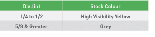Dia (in),Stock Colour,1 4 to 1 2,High Visibility Yellow,5 8 & Greater,Grey 