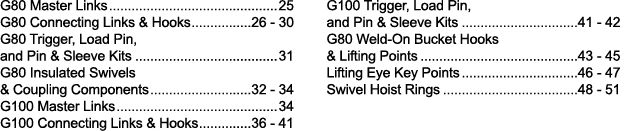 G80 Master Links 25 G80 Connecting Links & Hooks 26 - 30 G80 Trigger, Load Pin, and Pin & Sleeve Kits 31 G80 Insulate   