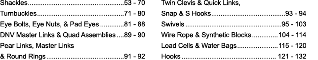 Shackles 53 - 70 Turnbuckles 71 - 80 Eye Bolts, Eye Nuts, & Pad Eyes 81 - 88 DNV Master Links & Quad Assemblies 89 -    