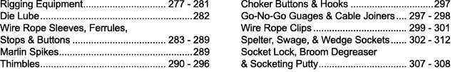 Rigging Equipment 277 - 281 Die Lube 282 Wire Rope Sleeves, Ferrules, Stops & Buttons 283 - 289 Marlin Spikes 289 Thi   