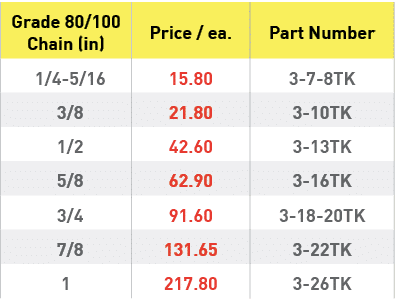Grade 80 100 Chain (in),Price   ea ,Part Number, 1 4-5 16,15 80,3-7-8TK, 3 8 ,21 80,3-10TK, 1 2 ,42 60,3-13TK, 5 8 ,6   
