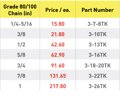 Grade 80 100 Chain (in),Price   ea ,Part Number, 1 4-5 16,15 80,3-7-8TK, 3 8 ,21 80,3-10TK, 1 2 ,42 60,3-13TK, 5 8 ,6   