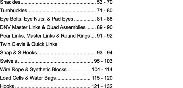 Shackles 53 - 70 Turnbuckles 71 - 80 Eye Bolts, Eye Nuts, & Pad Eyes 81 - 88 DNV Master Links & Quad Assemblies 89 -    